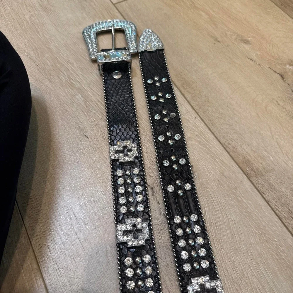 Black leather studded belt with rhinestones